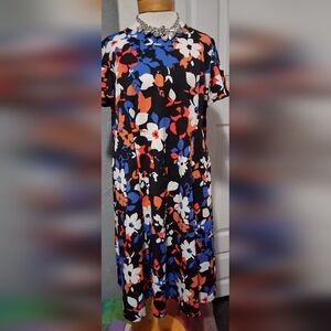 London Times Black Floral Midi Dress with Blue, White & Orange Accents
